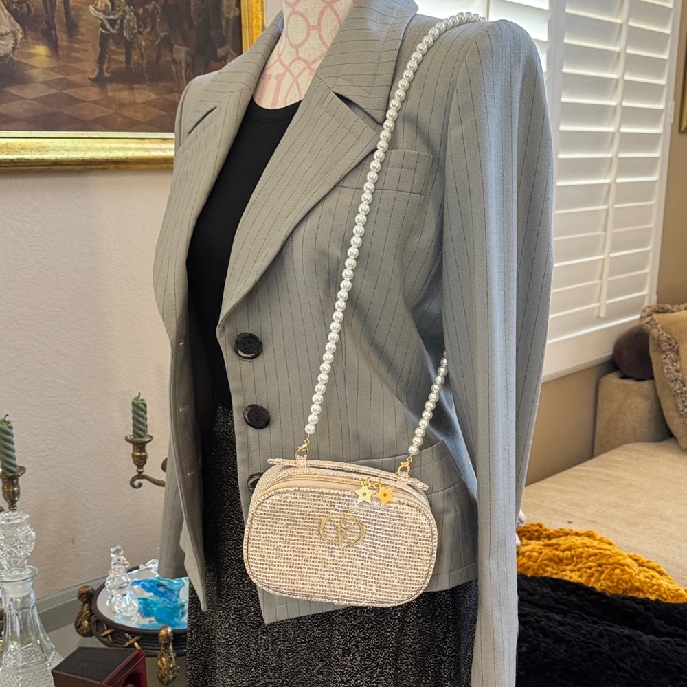 Custom Dior Gold Glitter Pouch Shoulder Bag with Pearl Strap + Dior Lip Set - Picture 9 of 10